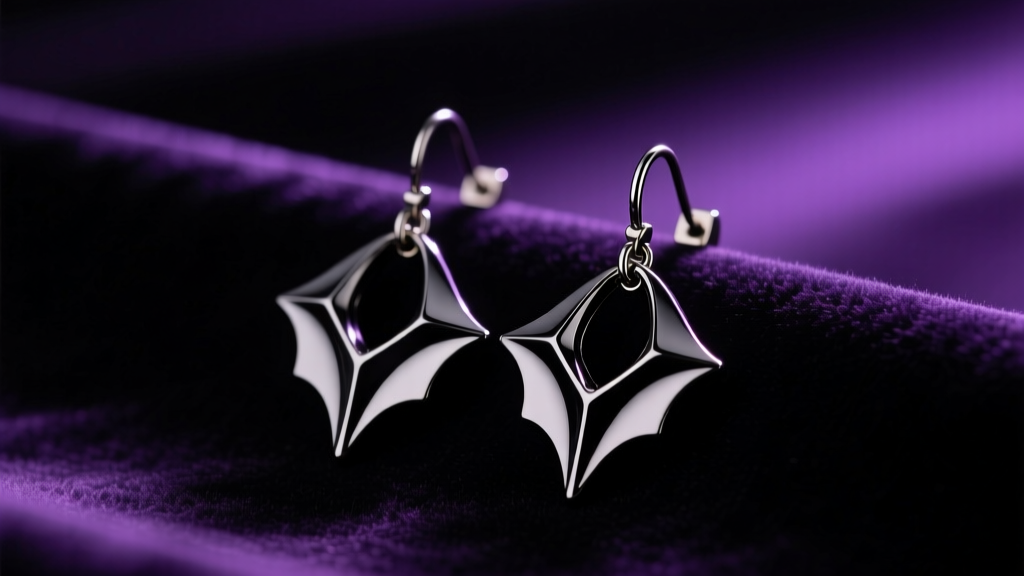 Black PVD titanium bat-wing dangle earrings on dark velvet under moody purple light, focusing on anodized metal.