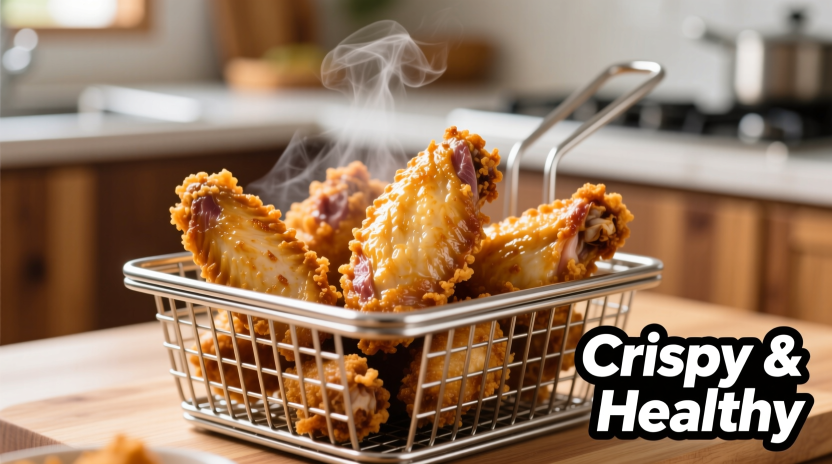 Golden brown air fried chicken wings in basket
