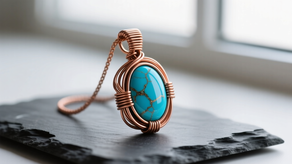 Polished copper wire-wrapped pendant featuring a cabochon turquoise stone, treated with Renaissance wax, on dark slate