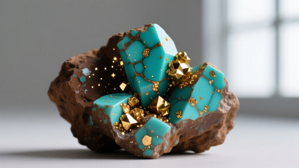 Macro shot of raw Kingman turquoise showing golden pyrite inclusions and brown host rock matrix against a neutral grey background.