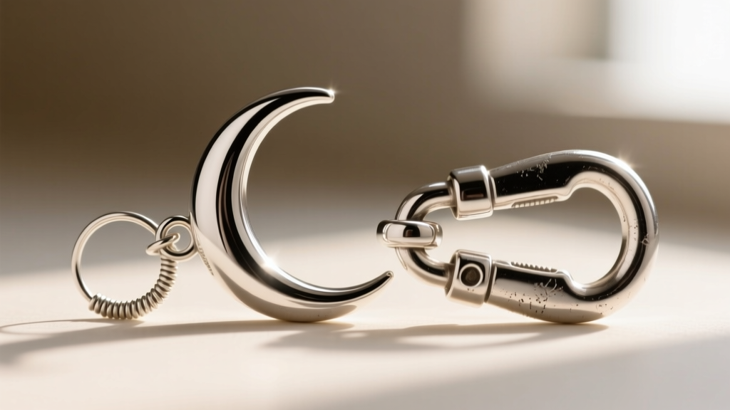 Macro photography of sterling silver crescent pendant clasp, comparing a flimsy 5mm spring ring to a sturdy 9mm lobster clasp