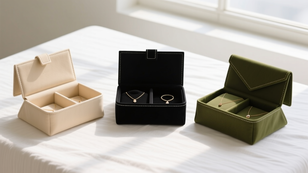 Three minimalist travel jewelry organizers in beige, black, and olive green arranged symmetrically on a crisp white linen sheet.