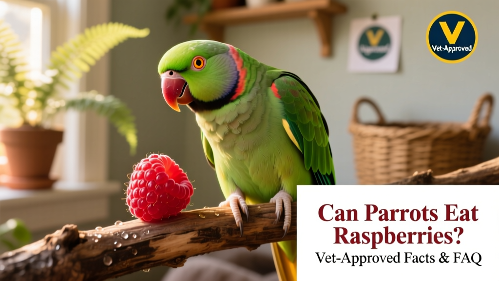 A vibrant red raspberry placed beside a curious parrot on a perch