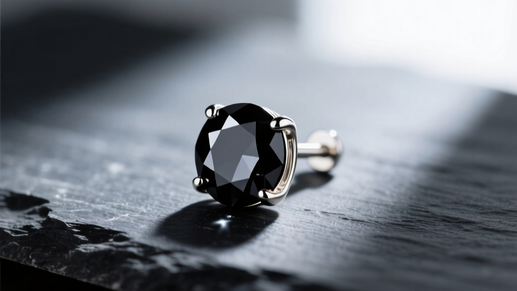 Macro shot of a black diamond earring stud in white gold on dark slate, side lighting highlighting the metallic luster and facets.