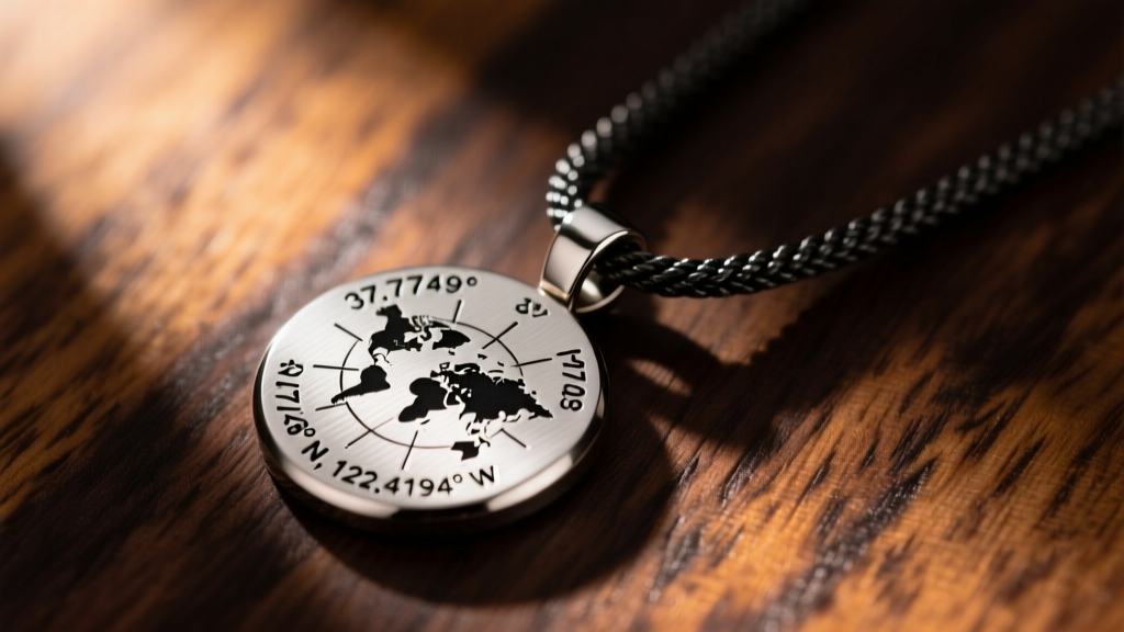 Close-up of a brushed titanium pendant with engraved coordinates on a 4mm blackened steel rope chain resting on dark walnut wood.