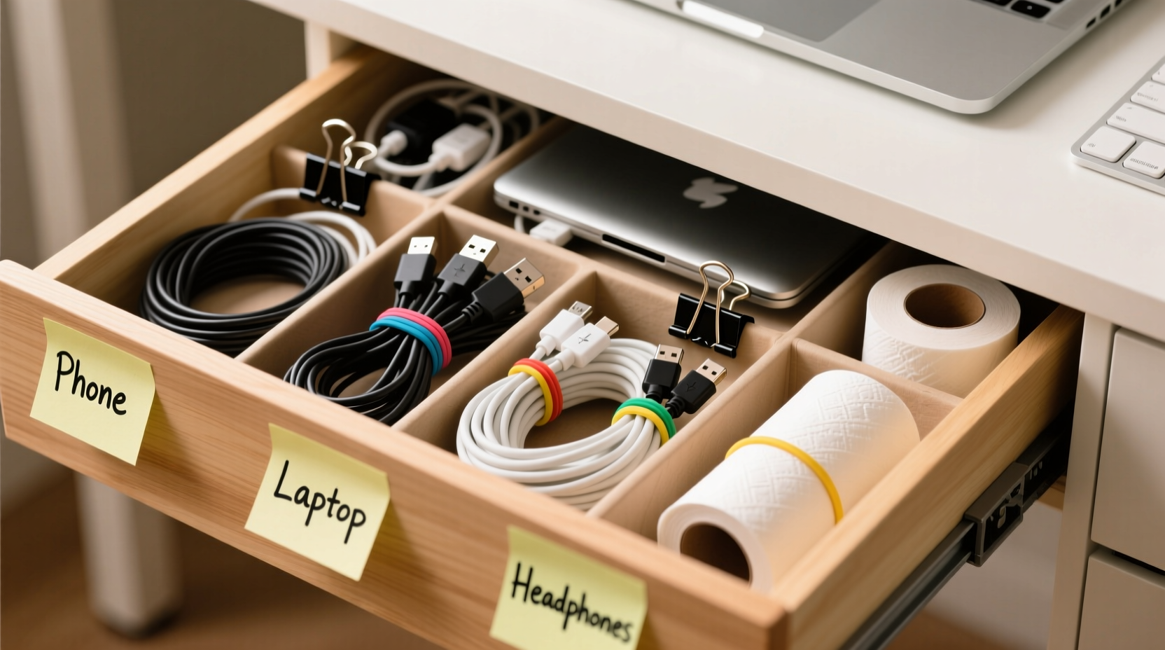 how to organize cables in a desk drawer without buying expensive organizers