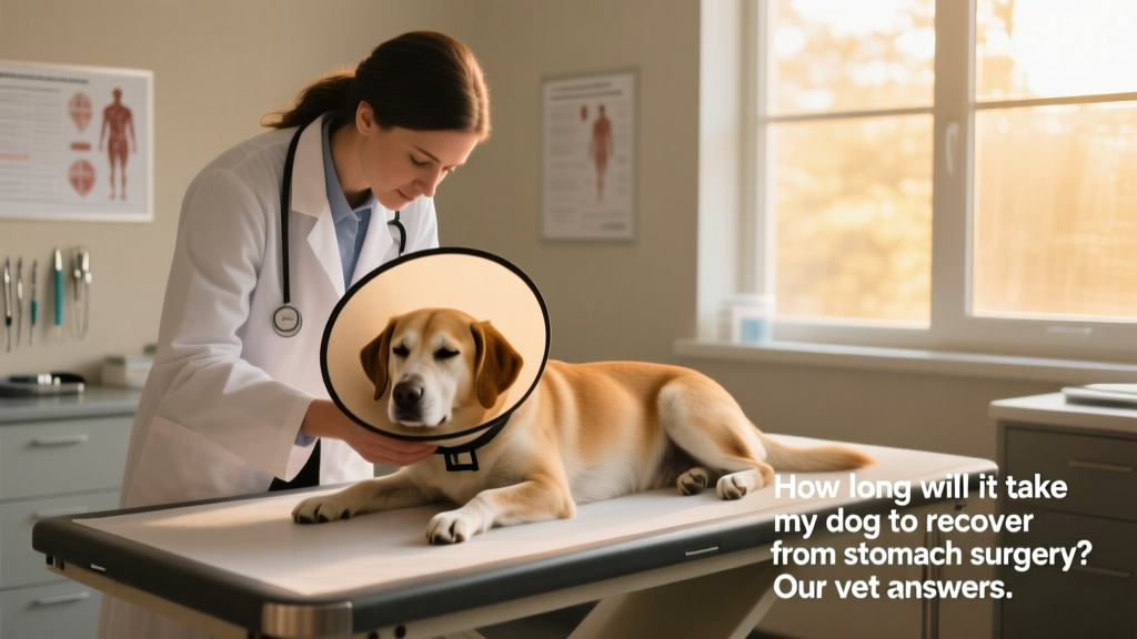 Veterinarian gently examining a calm, post-op dog wearing a soft recovery collar in a quiet clinic setting
