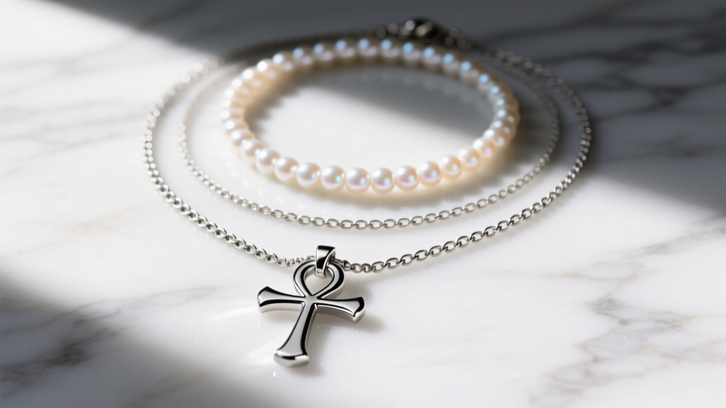 Flat lay of three layered necklaces featuring a 15mm micro ankh cross, a pearl choker, and a 3mm silver curb chain on marble
