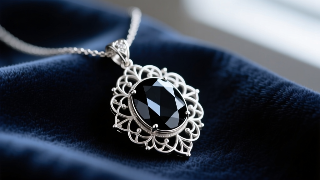 Close-up of a silver-tone filigree pendant necklace with a large black cabochon gemstone resting on dark velvet fabric.