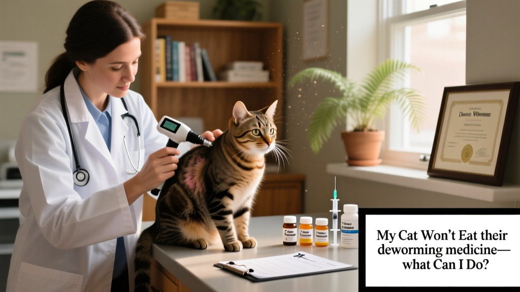Veterinarian gently examining a cat’s skin during a routine checkup, with deworming supplies visible on the counter