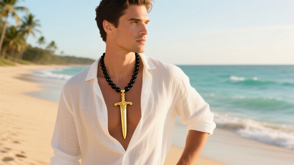 Stylish man layering a gold sword necklace with a shorter beaded onyx chain, wearing an open white linen shirt on a sunny beach