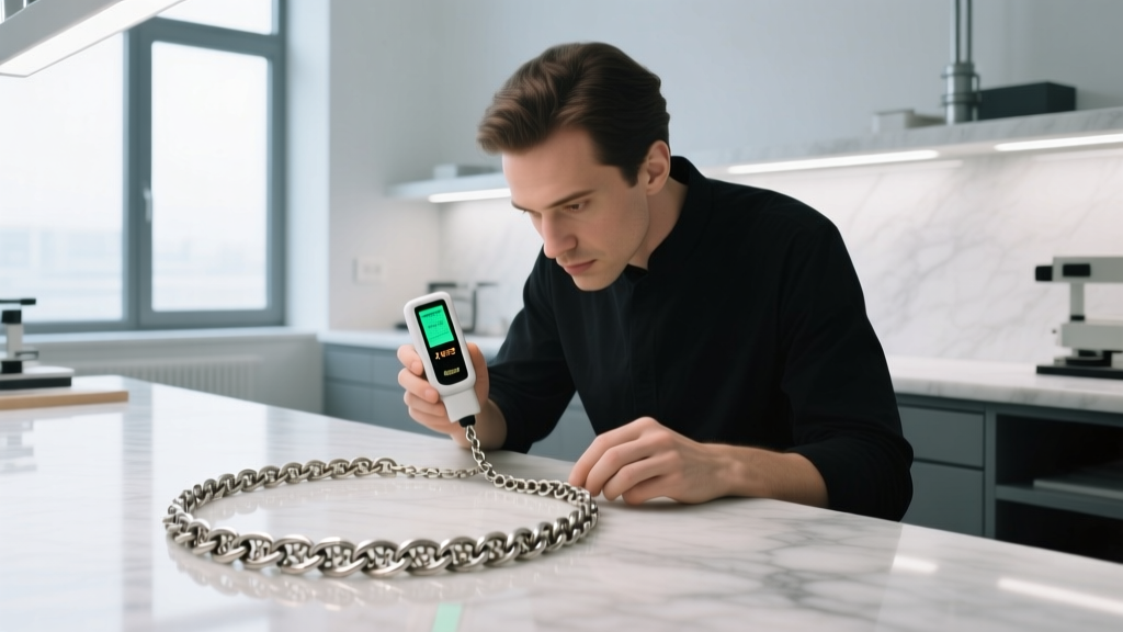 Jeweler using a handheld XRF spectrometer on a vintage Italian silver chain link to test metal purity in a modern workshop setting.