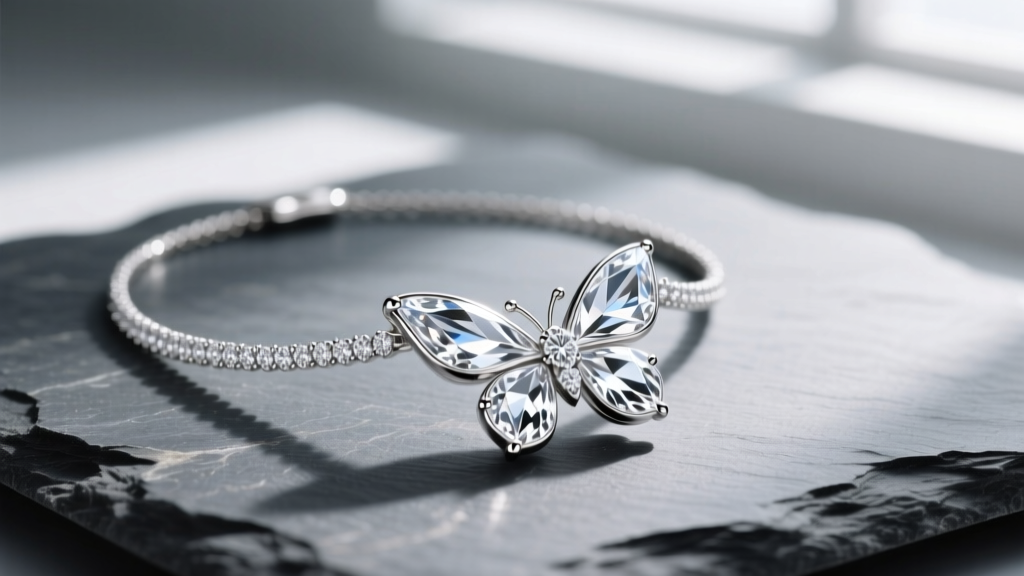 Macro shot of an 18k white gold Messika butterfly diamond necklace on slate, highlighting marquise-cut diamond wings.