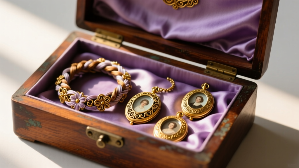 Open antique mahogany jewelry box lined with faded silk, containing neatly organized Victorian hairwork bracelets and gold lockets.