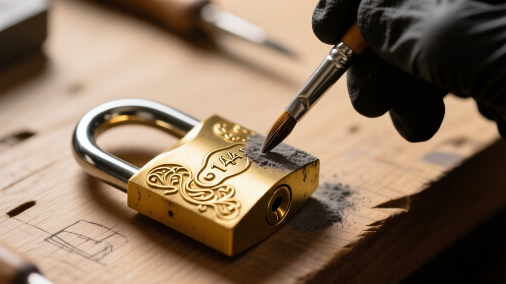 Macro shot of a stuck 14k gold padlock clasp, showing a jeweler applying graphite powder with a fine brush on a wooden workbench