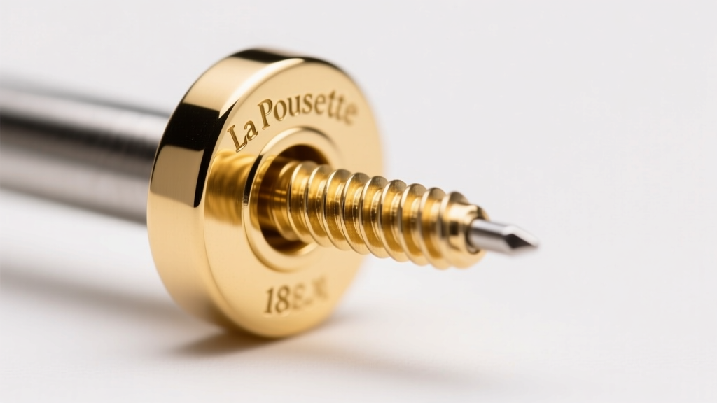 Macro photography of an 18k yellow gold La Pousette locking earring back partially inserted onto a threaded post, studio lighting.