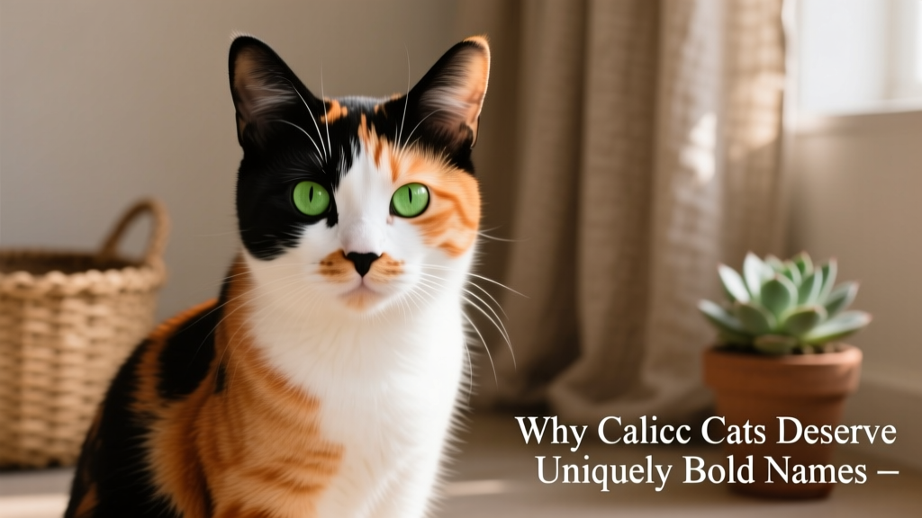 A sleek calico cat gazing confidently at the camera, highlighting its bold facial markings