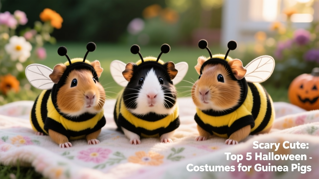 Three guinea pigs wearing matching bumble bee costumes, sitting side by side on a floral blanket