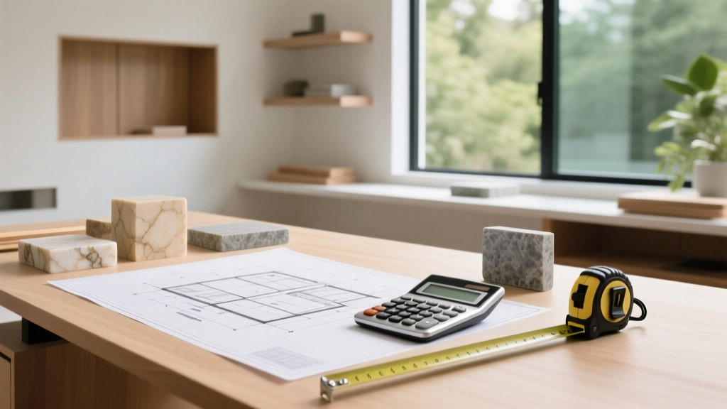 Blueprints on a wooden desk with a calculator, measuring tape, and stone samples for a modern custom home construction project