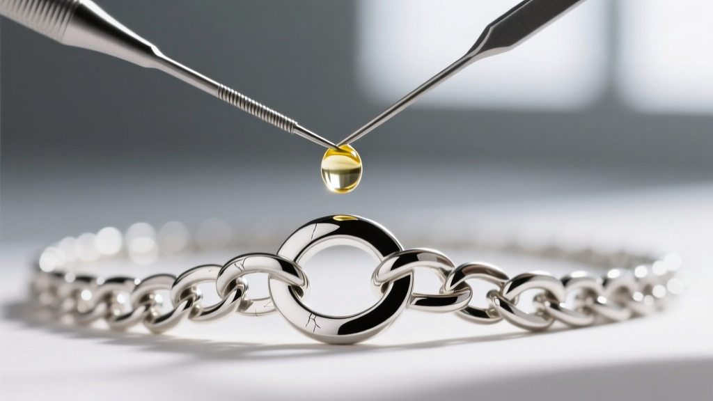 Macro view of a kinked sterling silver omega necklace being straightened with a fine sewing needle and a single drop of clear oil.
