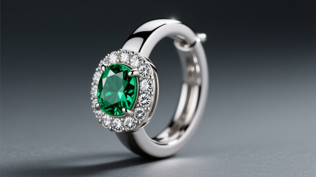 CAD wireframe of a bezel-set emerald and prong-set diamond on a hollow tubular hoop earring, displayed on a dark gray background