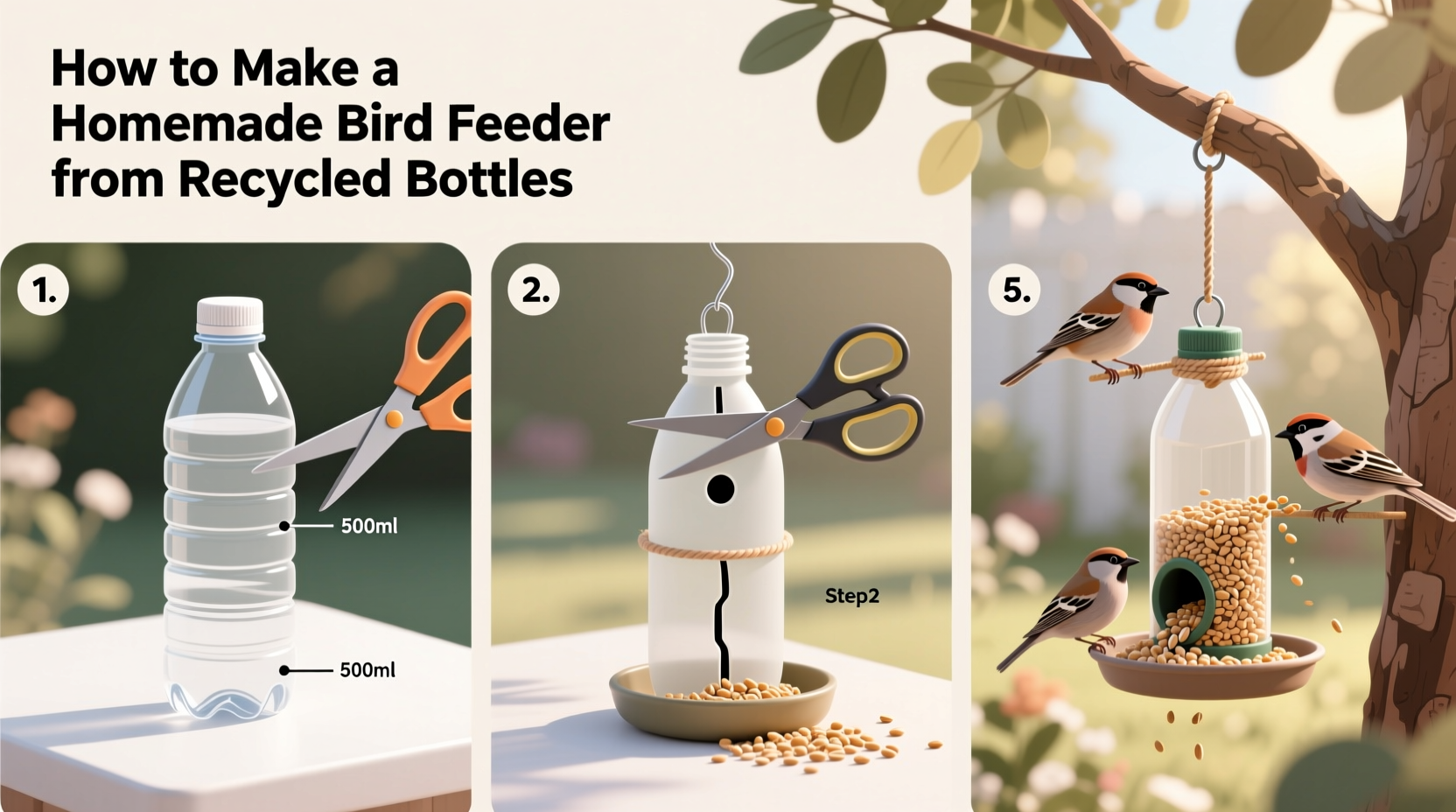 step by step guide to making a homemade bird feeder from recycled bottles