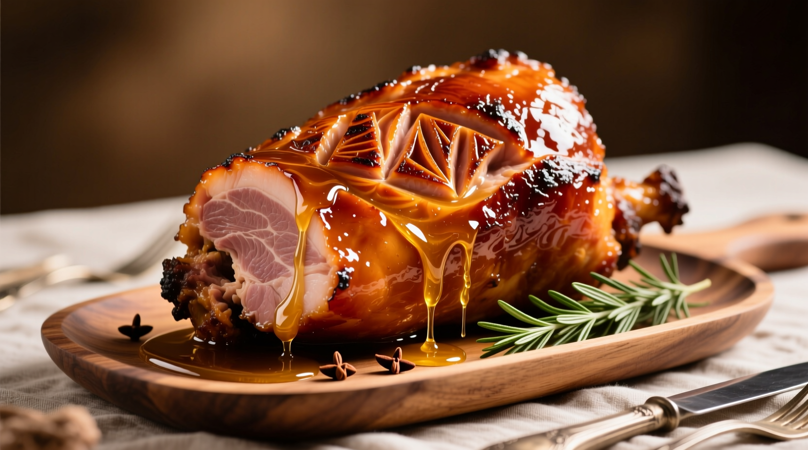 Perfectly glazed honey baked ham on serving platter
