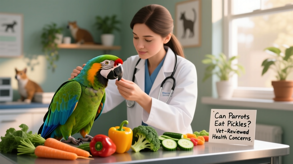 Avian veterinarian gently examining a macaw during a wellness checkup, with fresh vegetables visible on the exam table