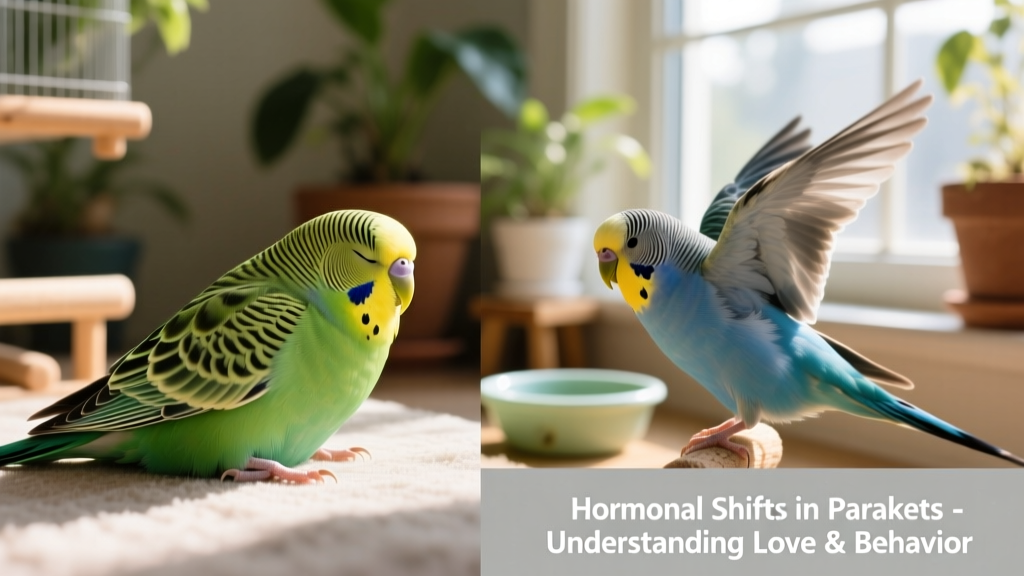 Side-by-side comparison of a calm budgie resting peacefully and another showing subtle courtship posture (wings slightly spread, head lowered)