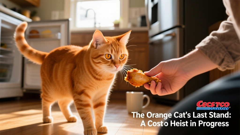 Close-up of one orange cat stepping carefully toward its owner, head lowered and tail gently swaying, as if making a polite but urgent request
