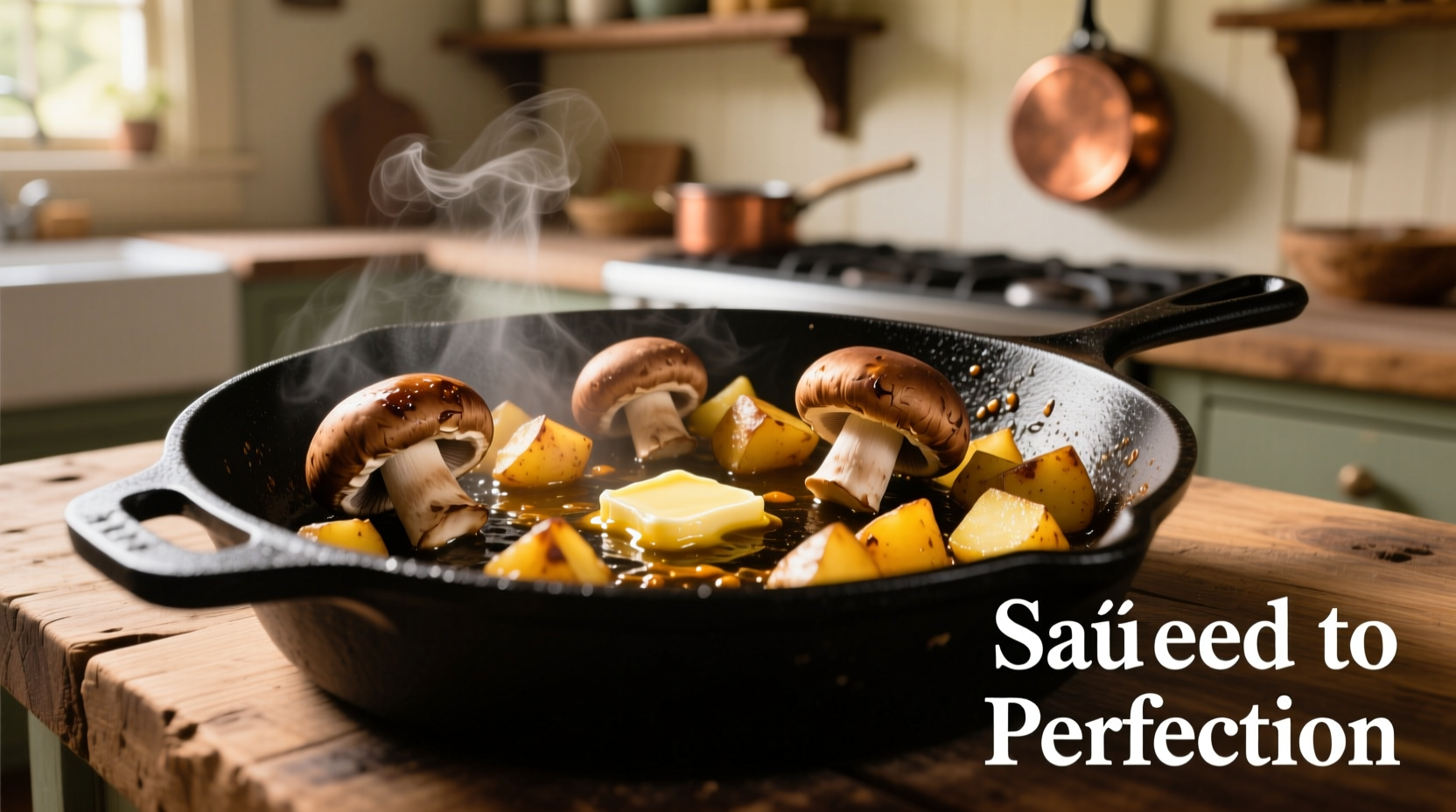 Golden brown mushrooms and potatoes in cast iron skillet