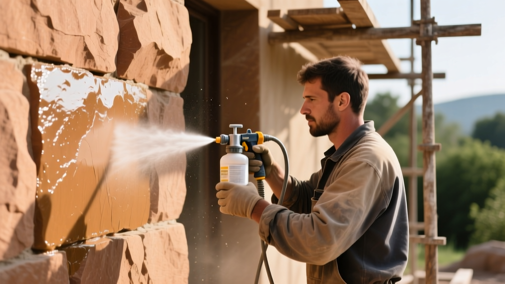 Mason applying penetrating siloxane sealer to a textured warm-brown sandstone exterior wall using a pump sprayer