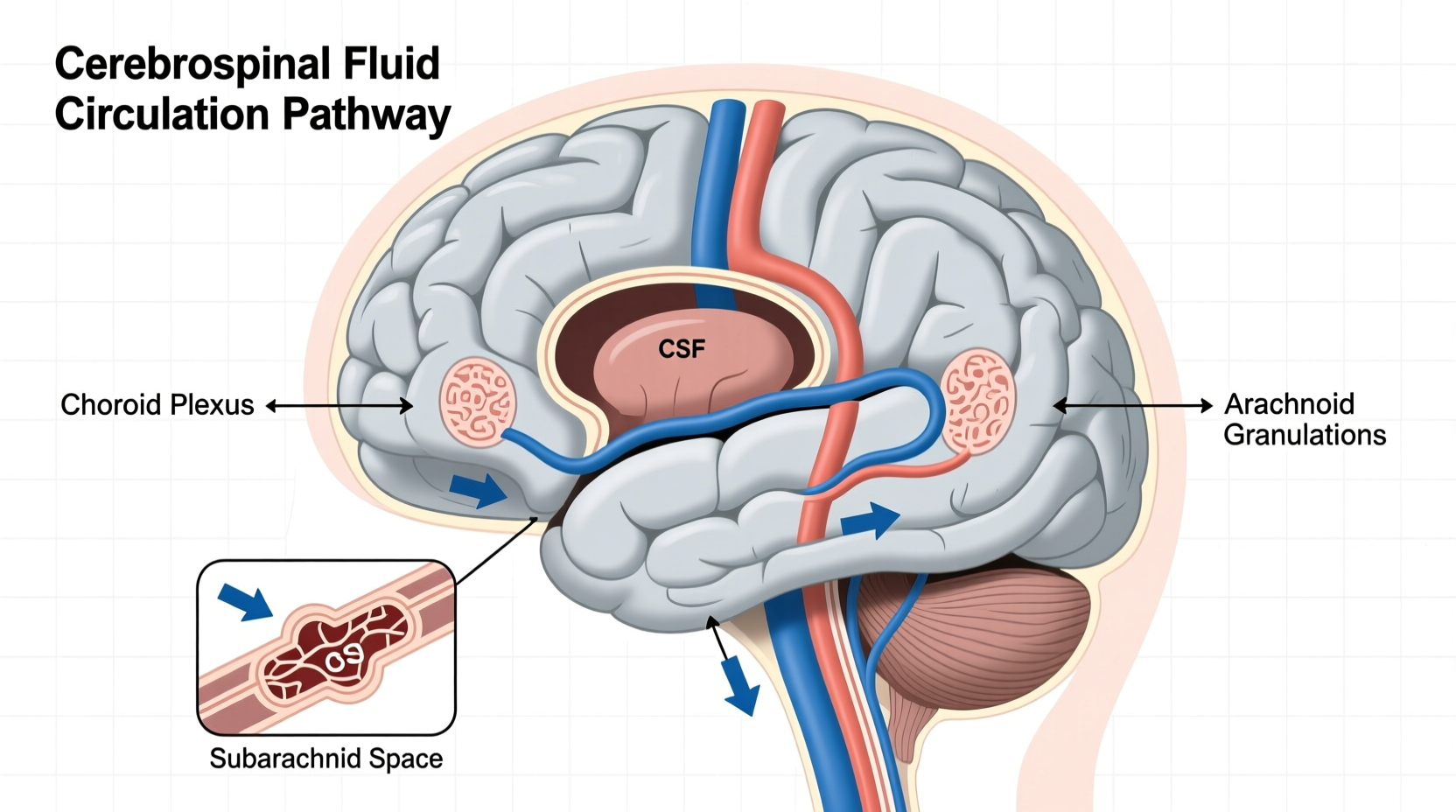 Medical diagram showing CSF circulation in brain