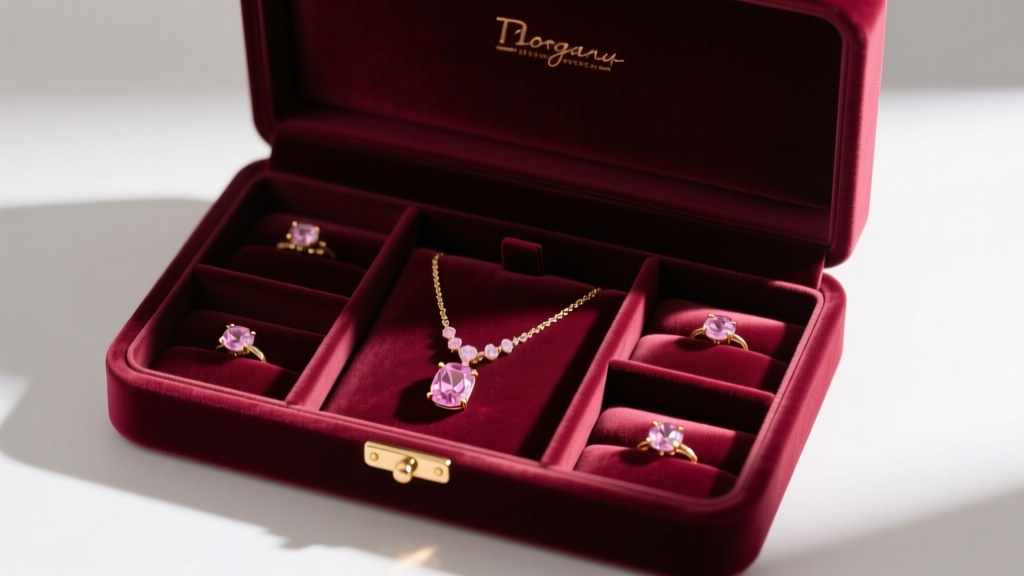 A velvet-lined jewelry box with separate compartments showing a pink morganite necklace stored safely away from direct sunlight
