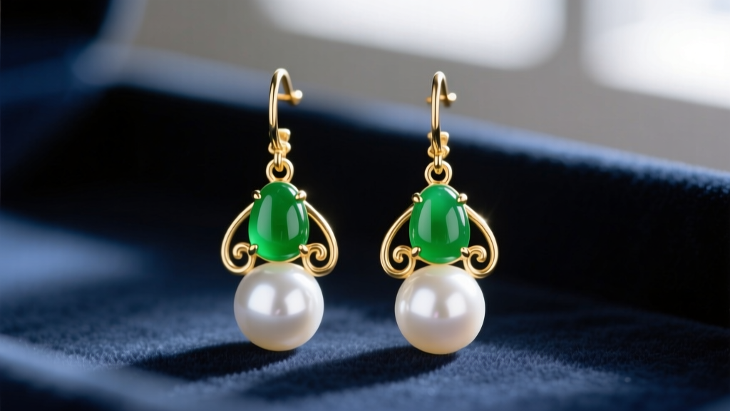 Macro shot of 14k gold earrings pairing vivid green Type A jadeite drops with lustrous white Akoya pearls on dark velvet.