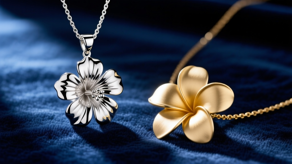 Close-up of polished silver hibiscus pendant and matte 14k gold plumeria flower necklace on a dark blue velvet fabric background