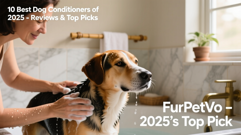 Person gently massaging FurPetVo conditioner into a relaxed dog’s wet coat during bath time