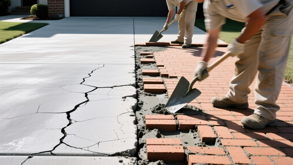 Split driveway showing cracked grey poured concrete on the left and shifted interlocking brick pavers on the right being repaired