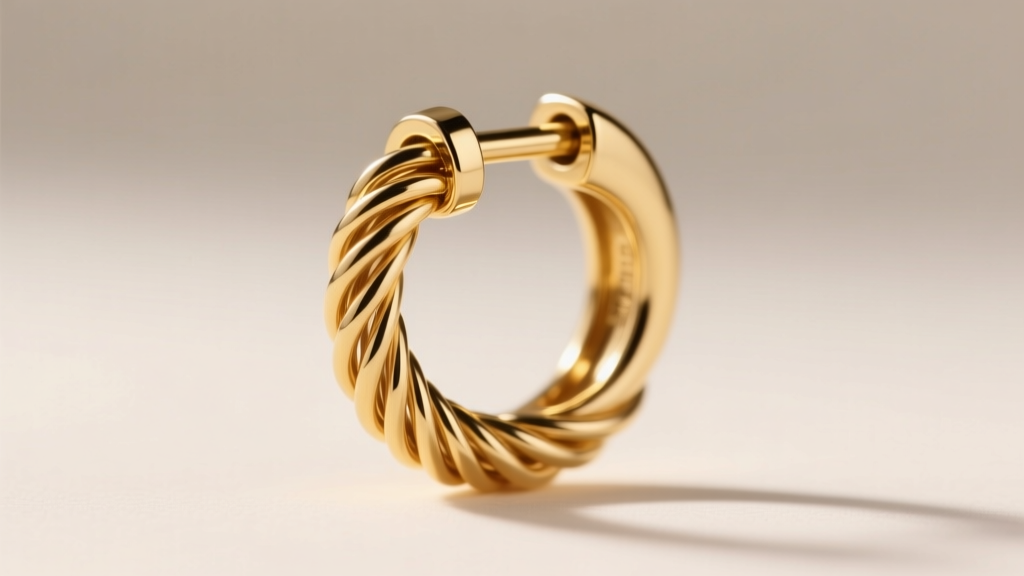 Macro photo of a 16g gold swirl hoop in a helix piercing, showing the exact wire thickness and a secure clicker hinge mechanism.