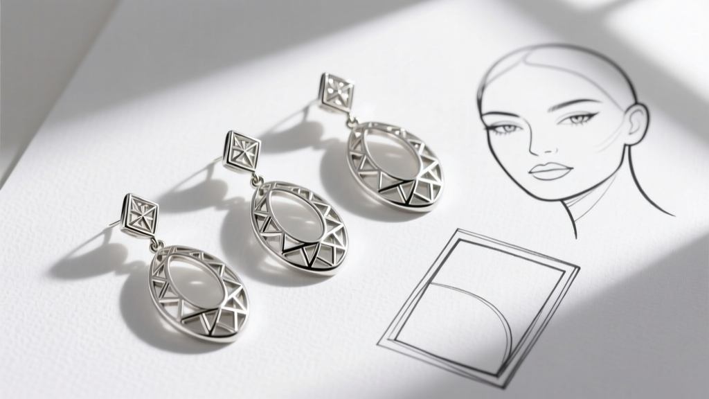 Flat lay of three large silver drop earrings arranged next to minimalist line drawings of round, oval, and square face shapes.