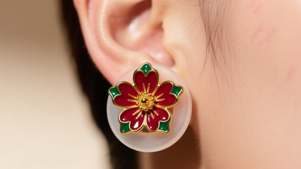 Close-up of an earlobe wearing a heavy enameled flower earring supported by a clear silicone backing disc in warm studio lighting