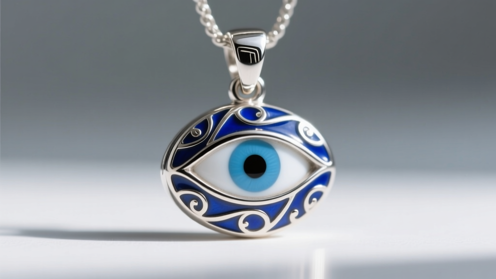 Macro shot of a sterling silver evil eye pendant with blue enamel, highlighting the polished metal texture and glossy finish.
