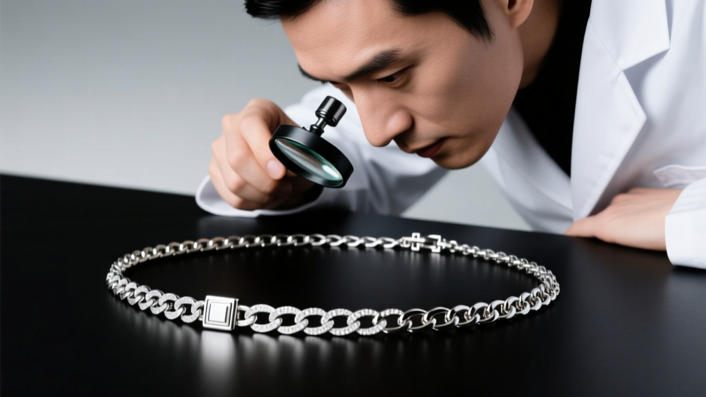 Jeweler using a loupe to inspect the clasp and links of a long silver box chain necklace for micro-kinks and structural wear