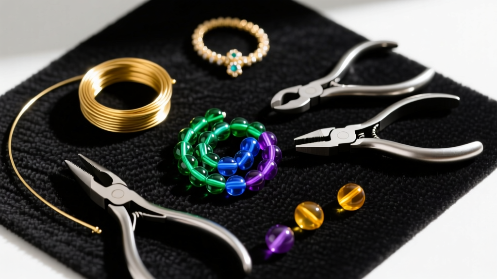 Overhead flat-lay of jewelry making supplies including gold-filled wire, round nose pliers, and glass beads on a dark mat
