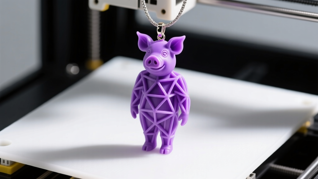Macro shot of a purple castable resin pig-human pendant master model showing support structures on an SLA printer build plate.