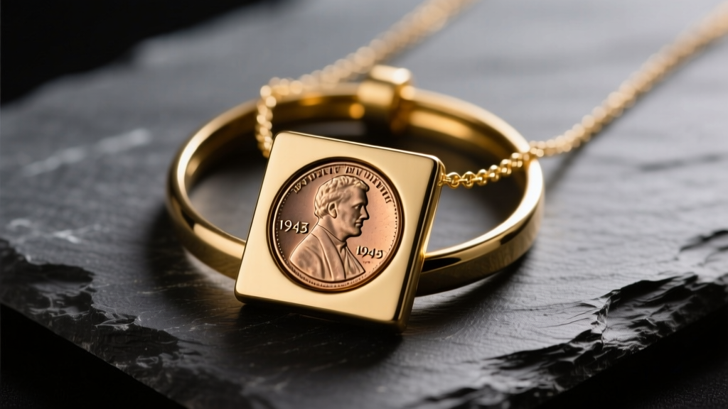 14k solid gold penny holder necklace resting on dark slate, featuring a 1943 steel wheat penny under soft studio lighting
