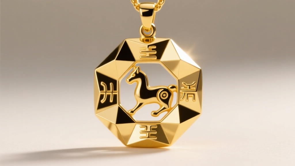 Macro shot of 24k pure gold Chinese 3D hard gold zodiac pendant showing high-polish geometric facets under bright studio lighting