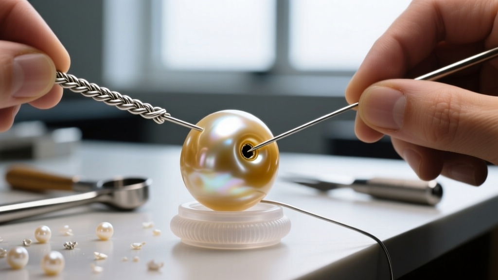 Close-up of a jeweler threading braided steel wire through the drilled hole of a giant baroque pearl using a clear silicone spacer