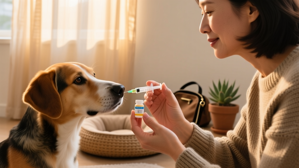Dog owner carefully administering a prescribed vitamin K supplement to their dog using a syringe