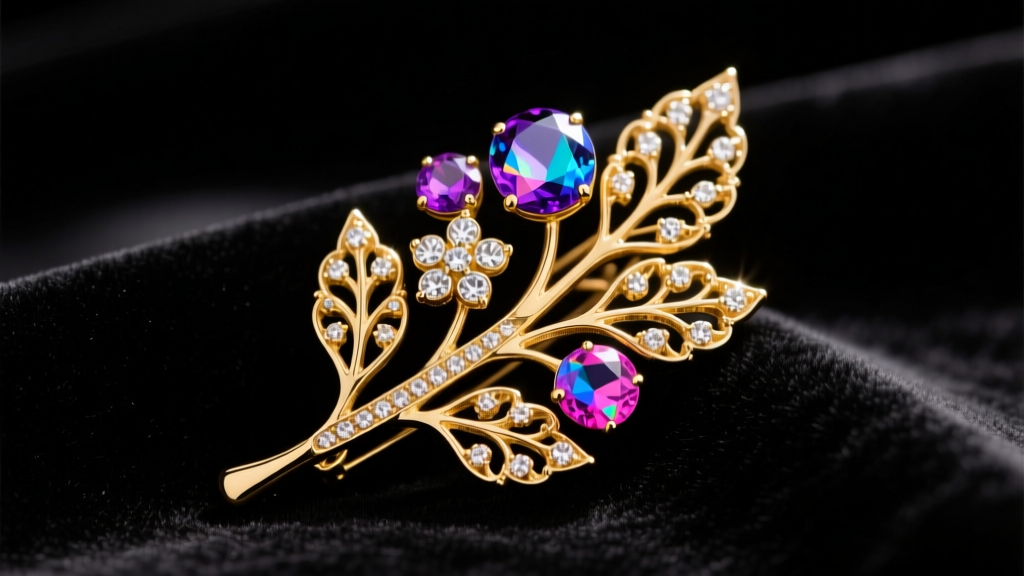Macro shot of a vintage Trifari gold-plated botanical brooch with bright aurora borealis rhinestones resting on dark velvet.